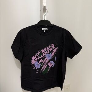 Ganni Black Tee with Pink and Green Design